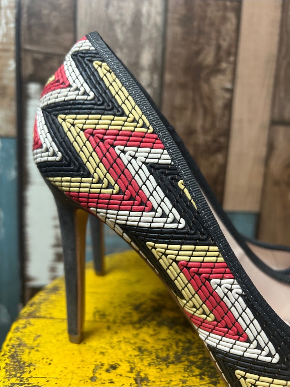 Madison Chevron Woven Pointed-Toe Stilettos in Red, Yellow, Black & White - Picture 9 of 15